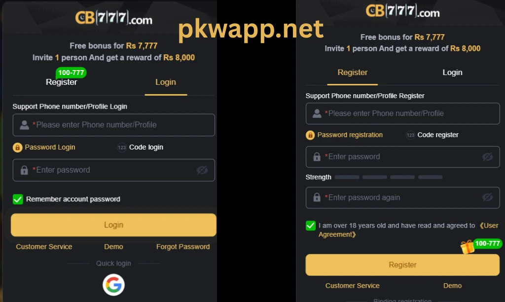 CB 777 Game account register and login process